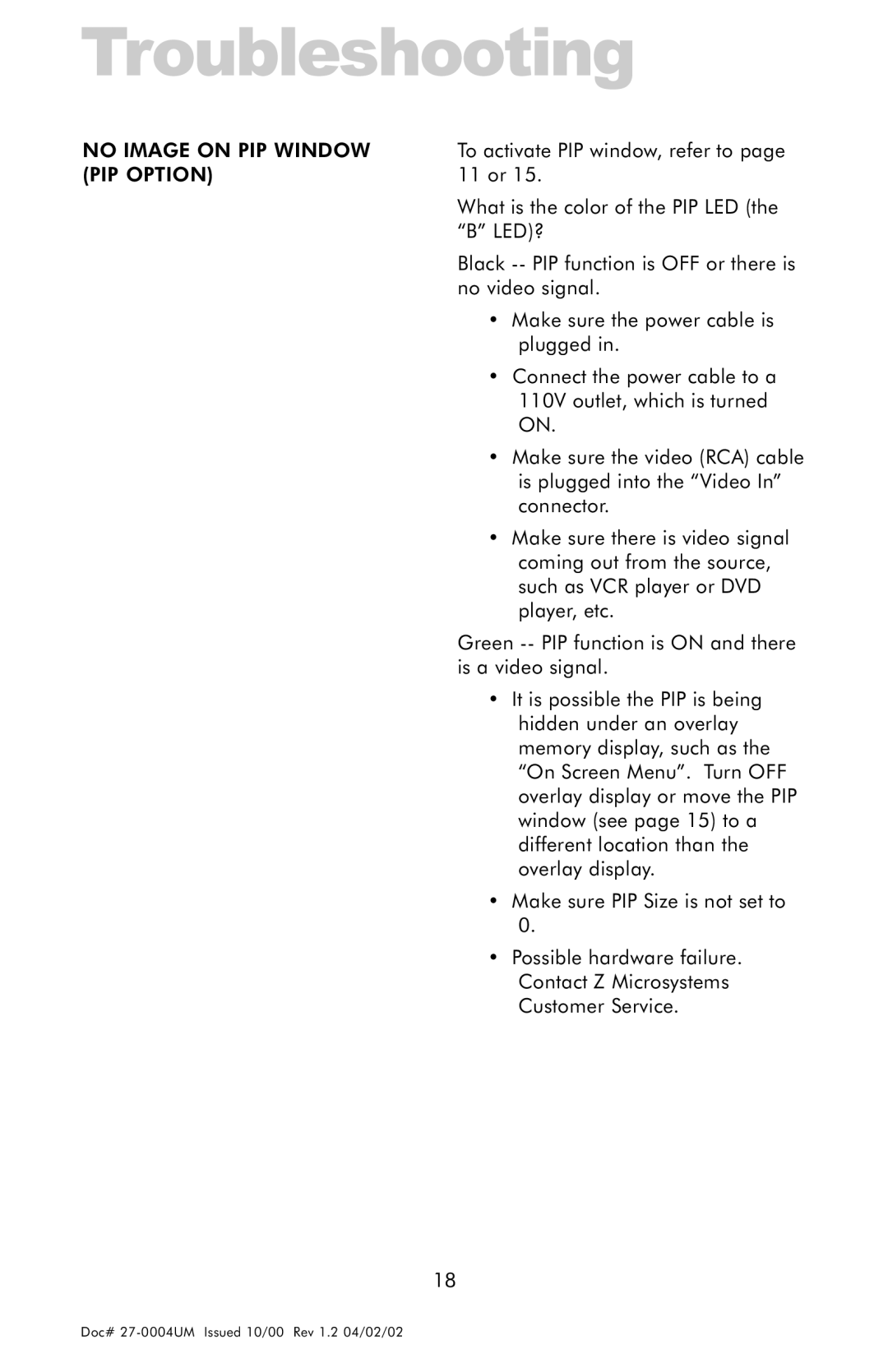 Z Microsystems 18 manual No Image on PIP Window PIP Option 