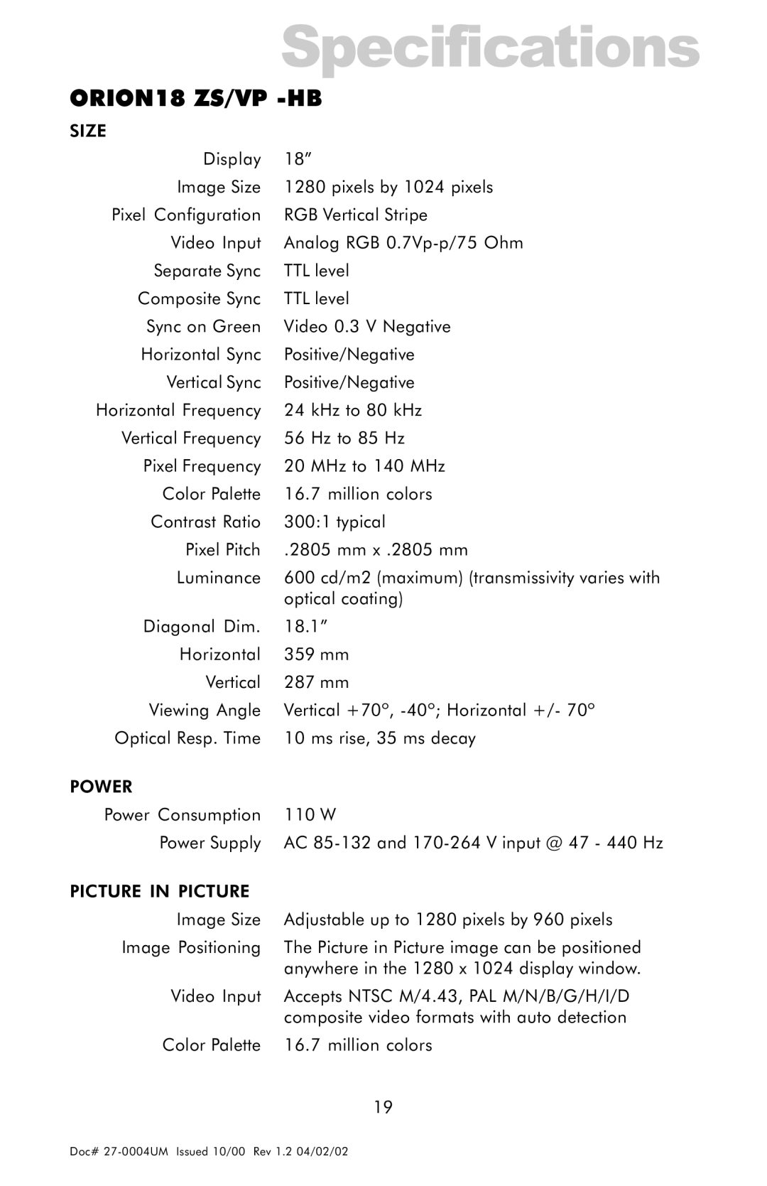 Z Microsystems 18 manual Specifications, Size, Power, Picture in Picture 