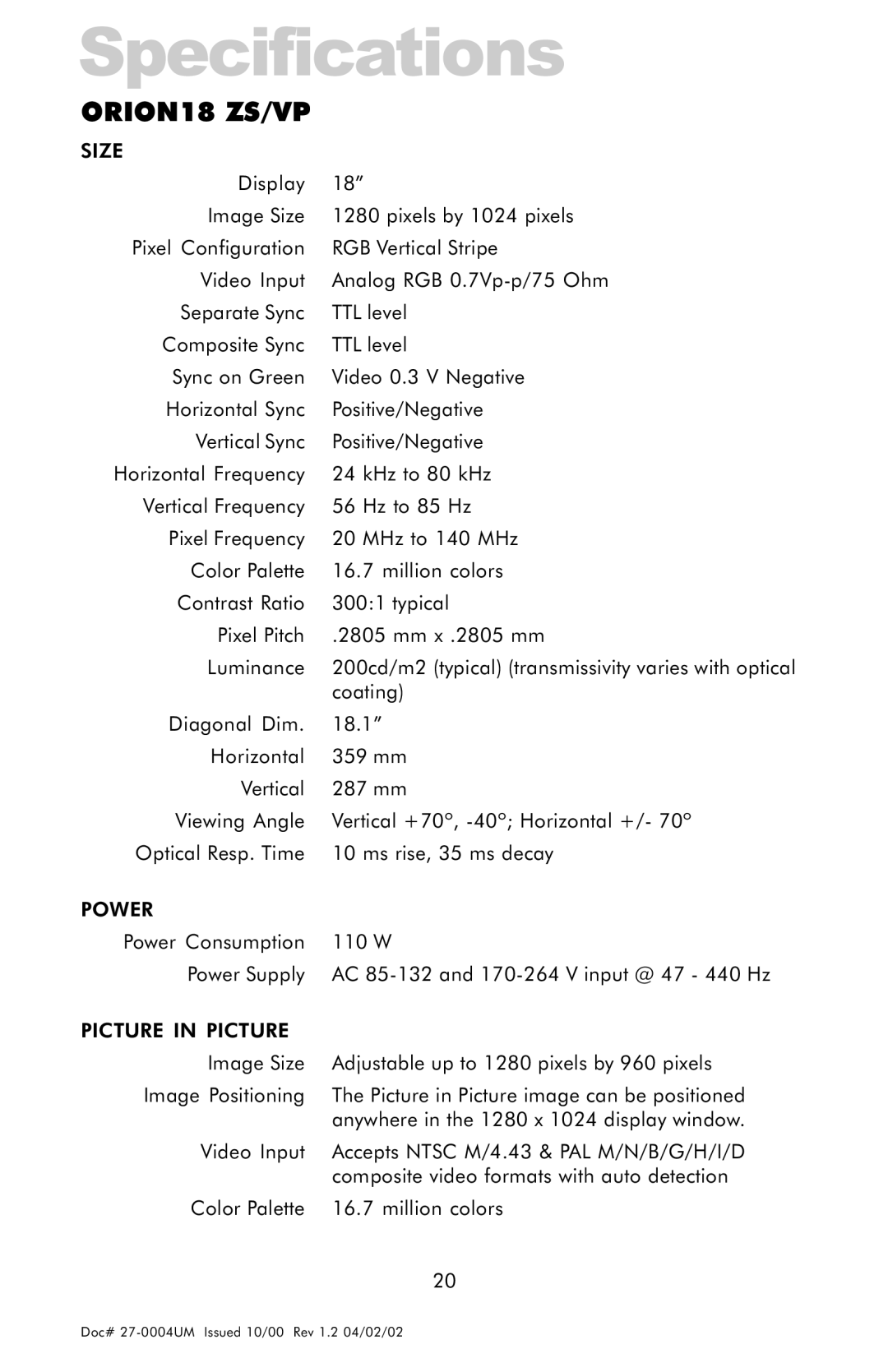 Z Microsystems manual ORION18 ZS/VP 