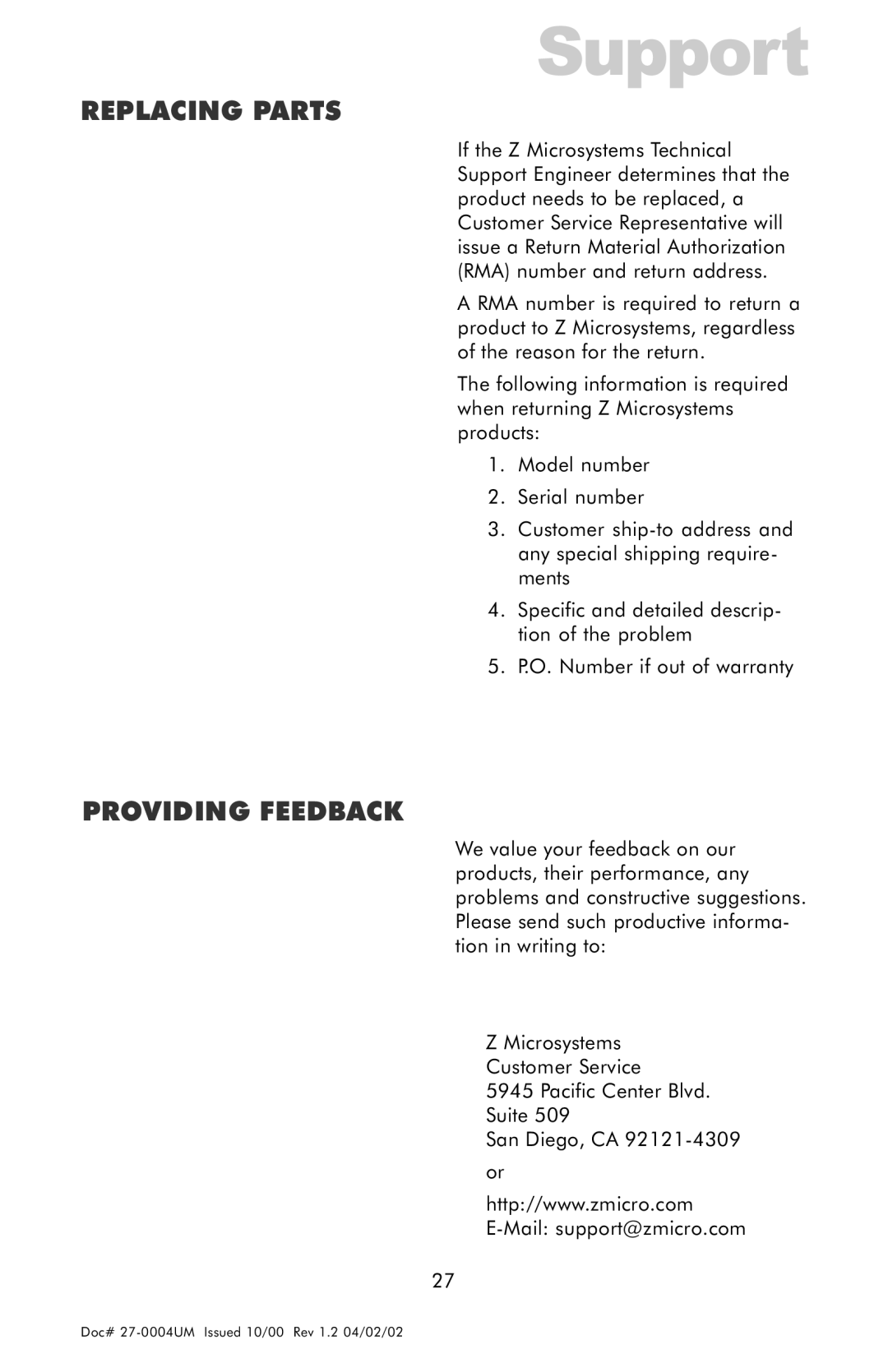 Z Microsystems 18 manual Replacing Parts, Providing Feedback 