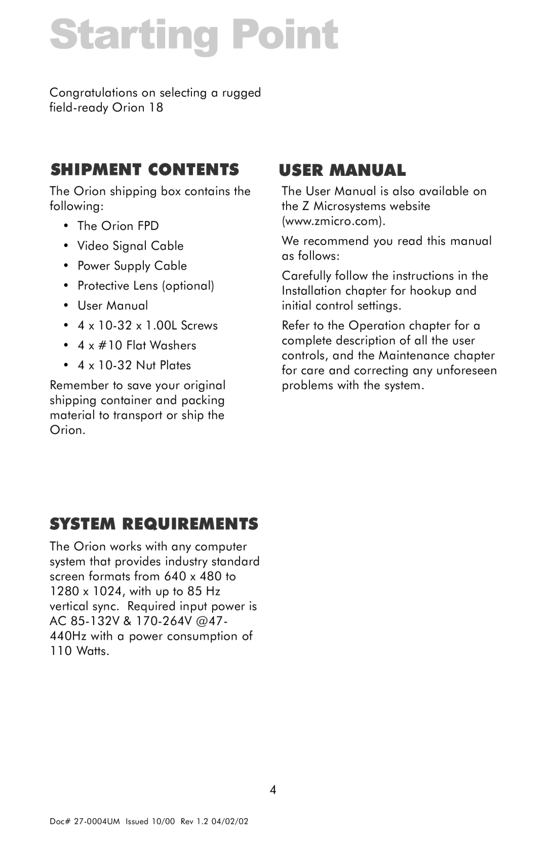 Z Microsystems 18 manual Starting Point, Shipment Contents, System Requirements 