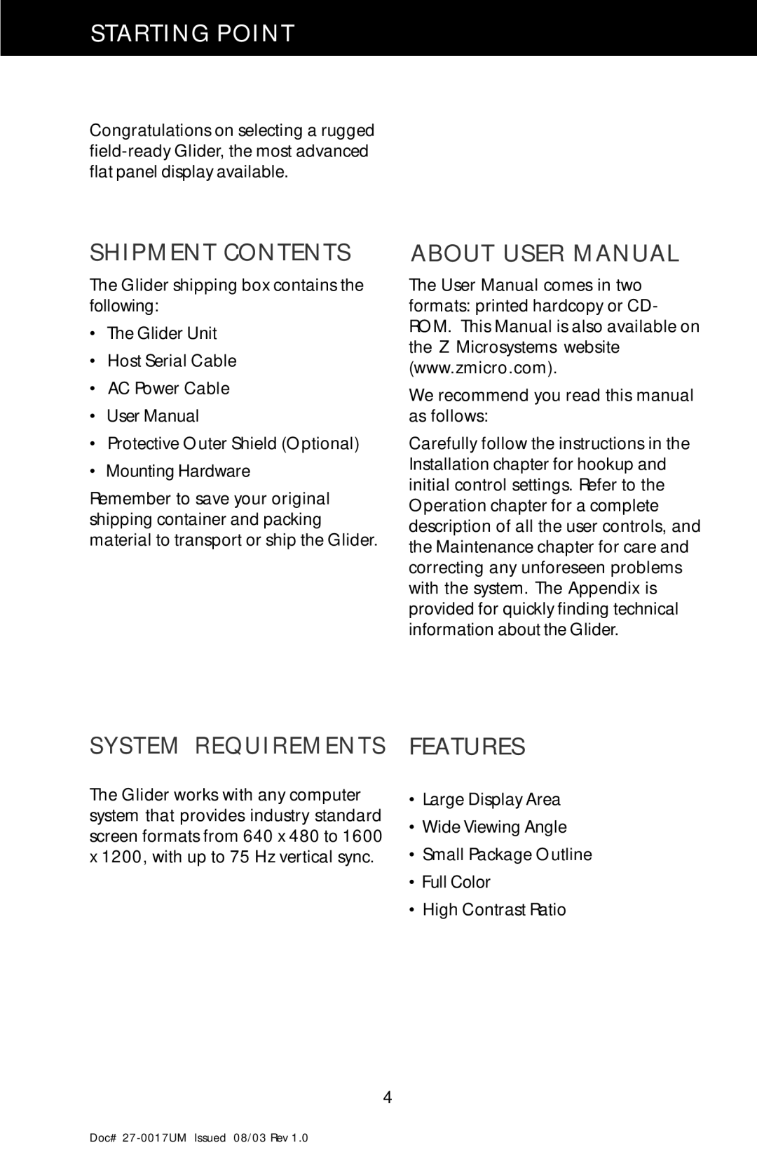 Z Microsystems 21 manual Starting Point, Shipment Contents, System Requirements Features 