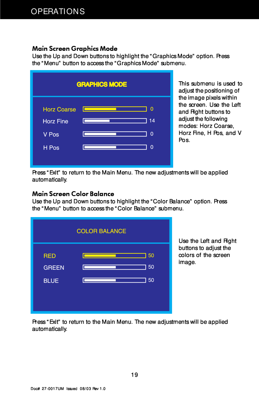 Z Microsystems 21 manual Main Screen Graphics Mode, Main Screen Color Balance, Operations 