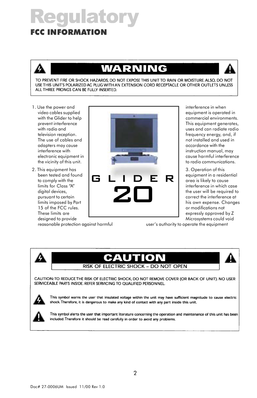 Z Microsystems GLIDER 20 manual Regulatory, FCC Information 