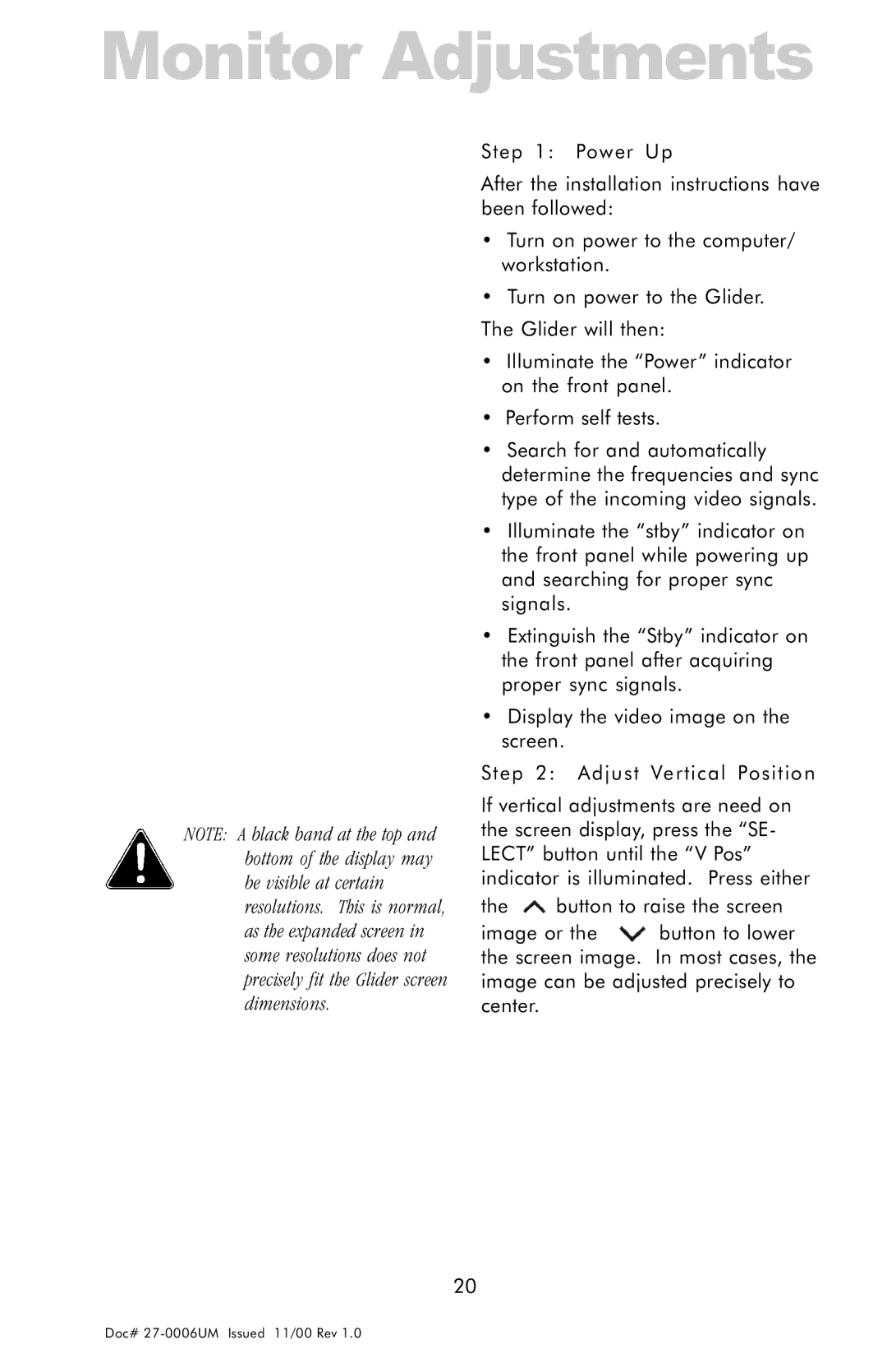 Z Microsystems GLIDER 20 manual Monitor Adjustments 