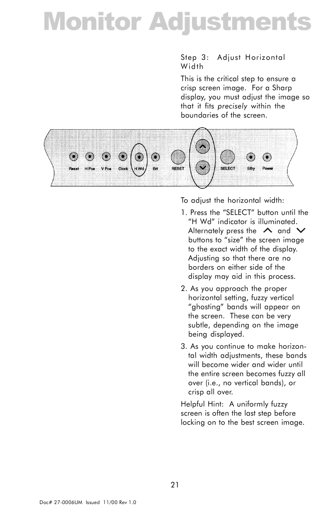 Z Microsystems GLIDER 20 manual Monitor Adjustments 