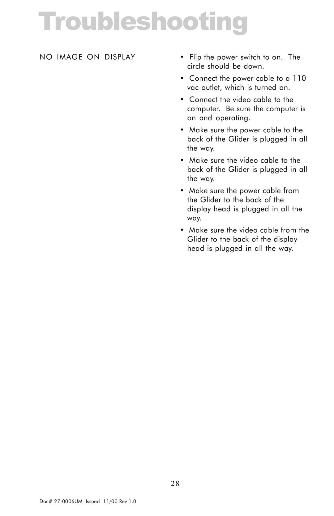 Z Microsystems GLIDER 20 manual Troubleshooting, No Image on Display 