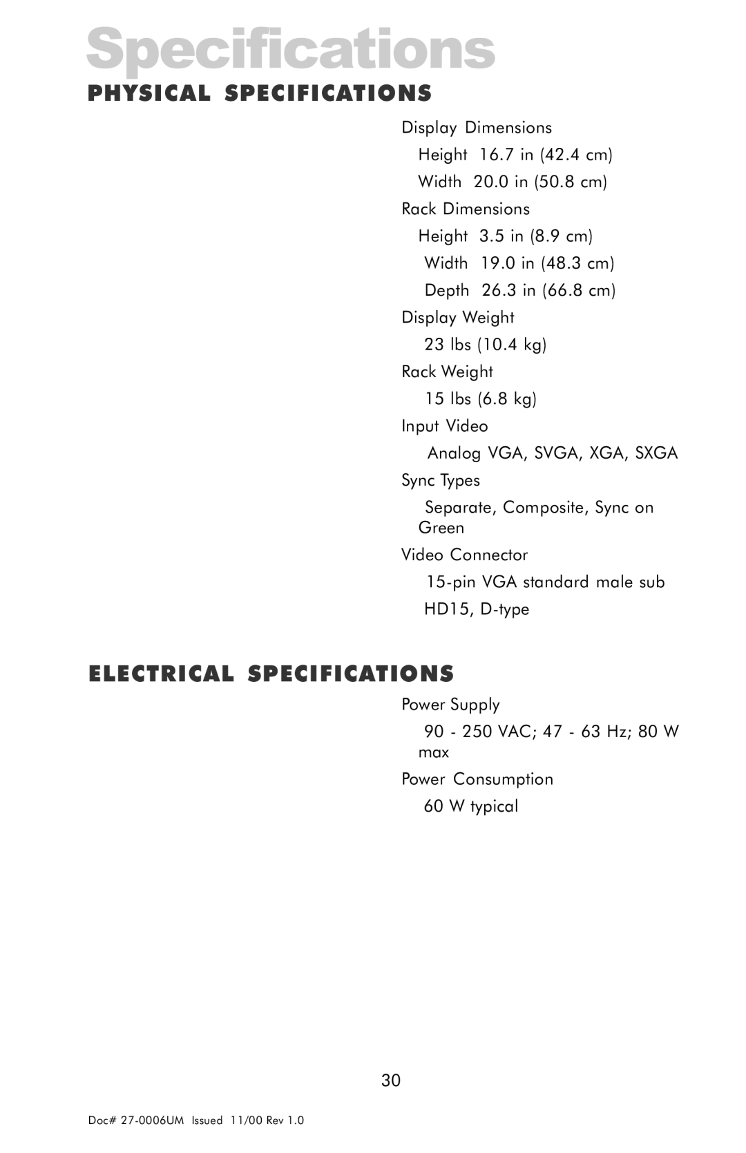 Z Microsystems GLIDER 20 manual Physical Specifications, Electrical Specifications 