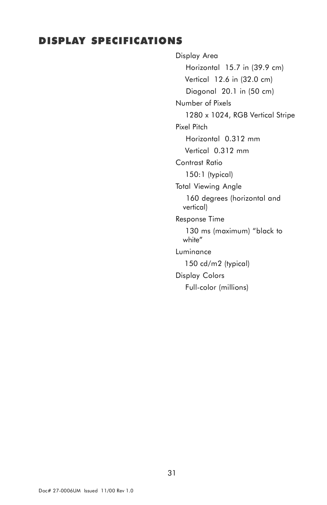 Z Microsystems GLIDER 20 manual Display Specifications 