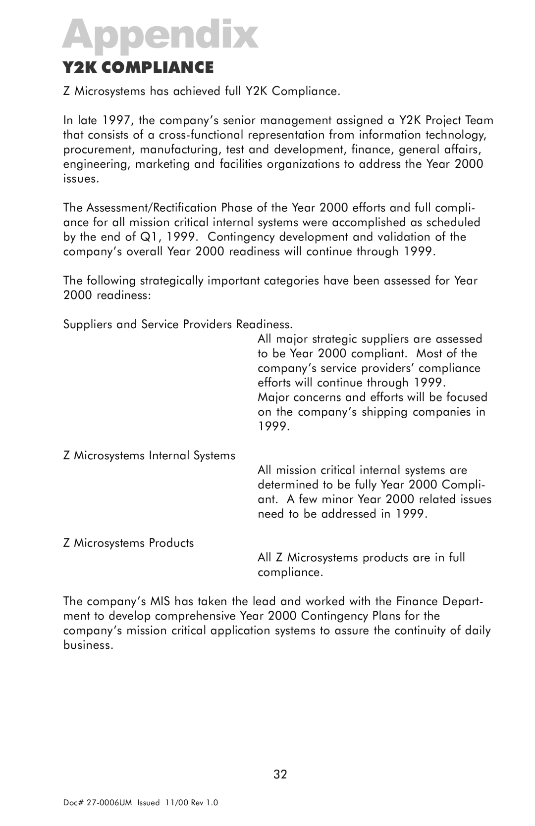 Z Microsystems GLIDER 20 manual Appendix, Y2K Compliance 