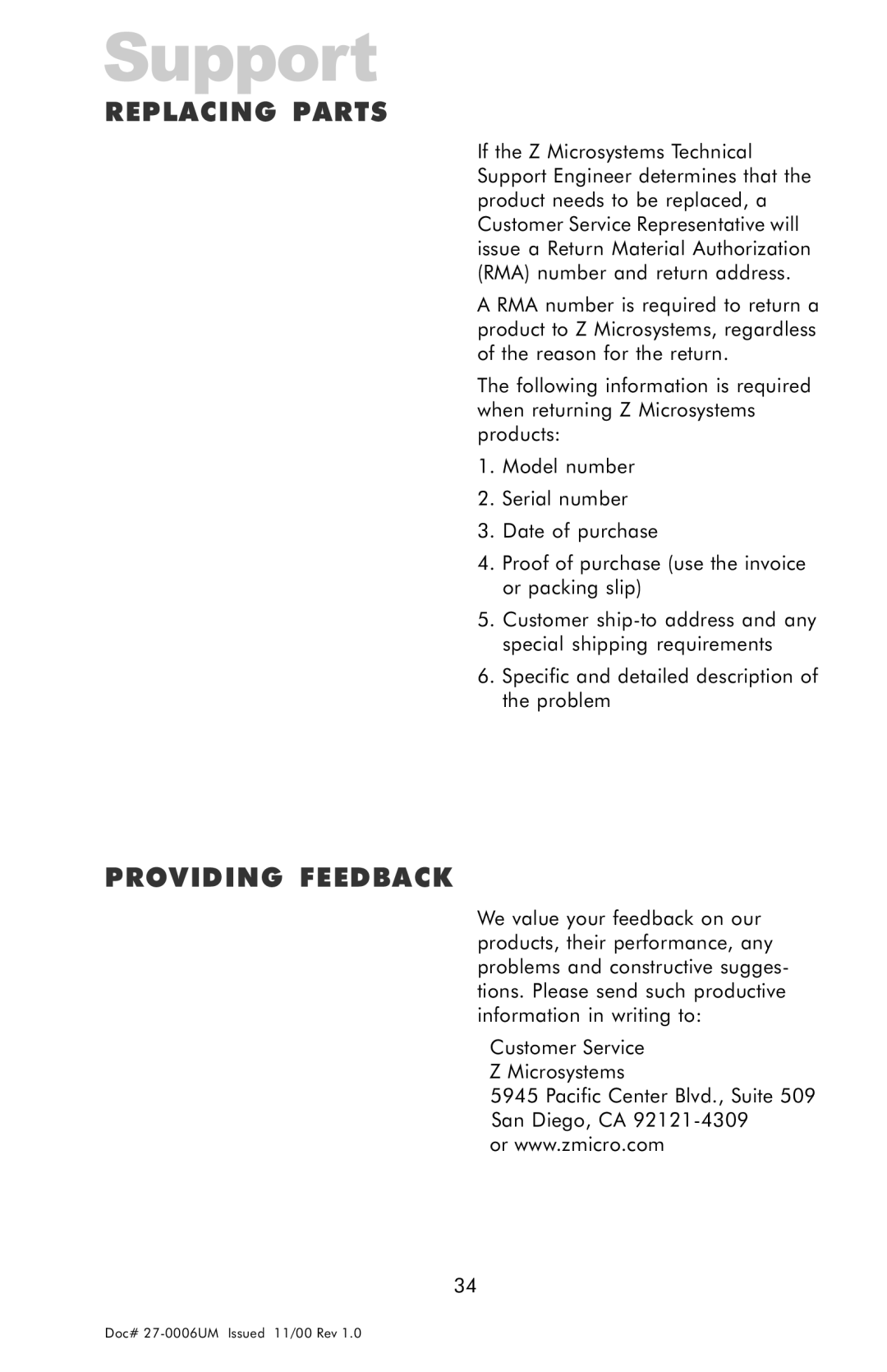 Z Microsystems GLIDER 20 manual Replacing Parts, Providing Feedback 