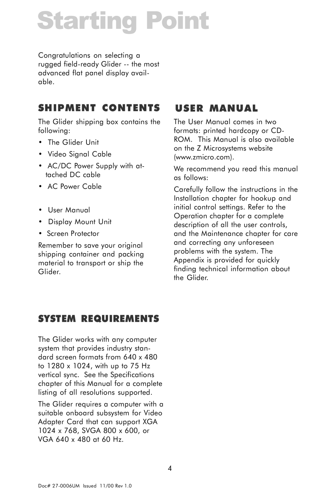 Z Microsystems GLIDER 20 manual Starting Point, Shipment Contents, System Requirements 