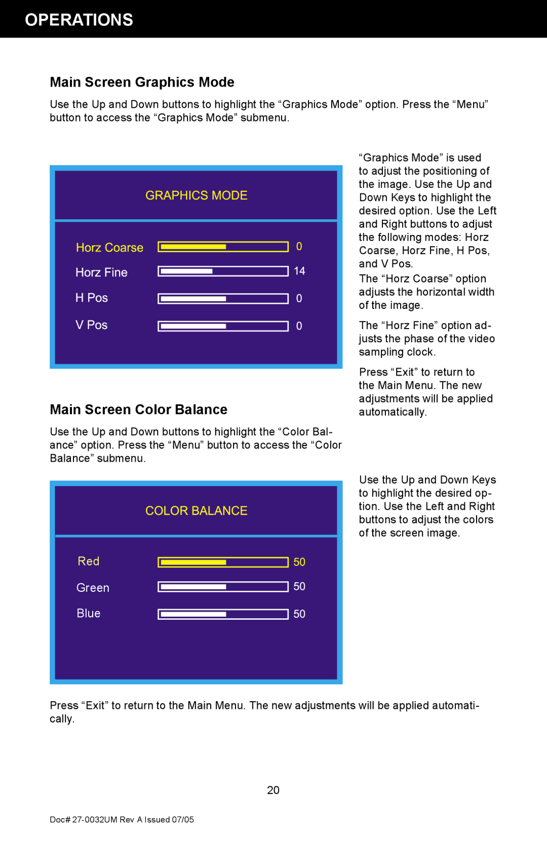 Z Microsystems SL manual Main Screen Graphics Mode, Main Screen Color Balance 