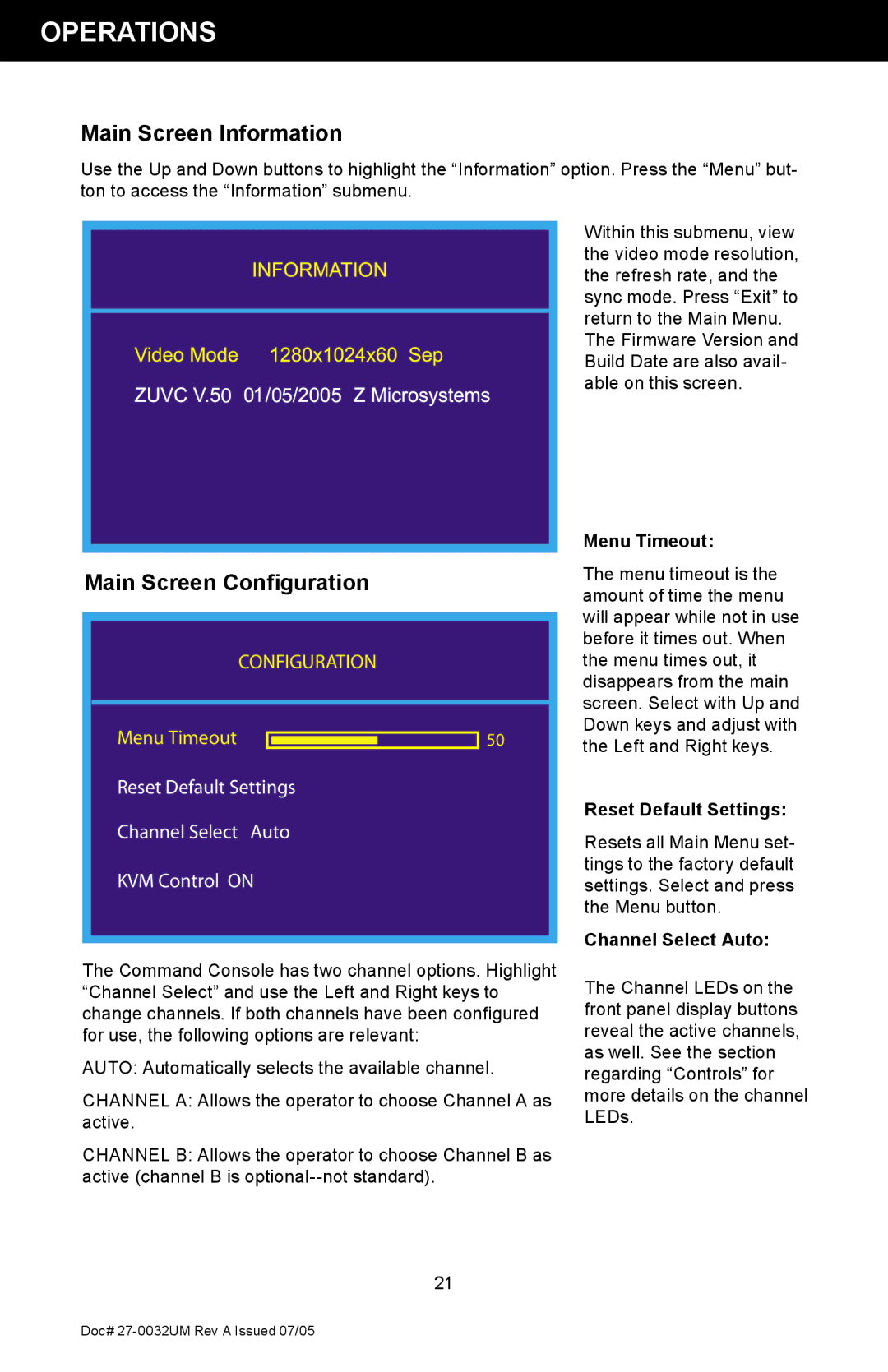 Z Microsystems SL manual Main Screen Information, Main Screen Conﬁguration, Menu Timeout, Reset Default Settings 