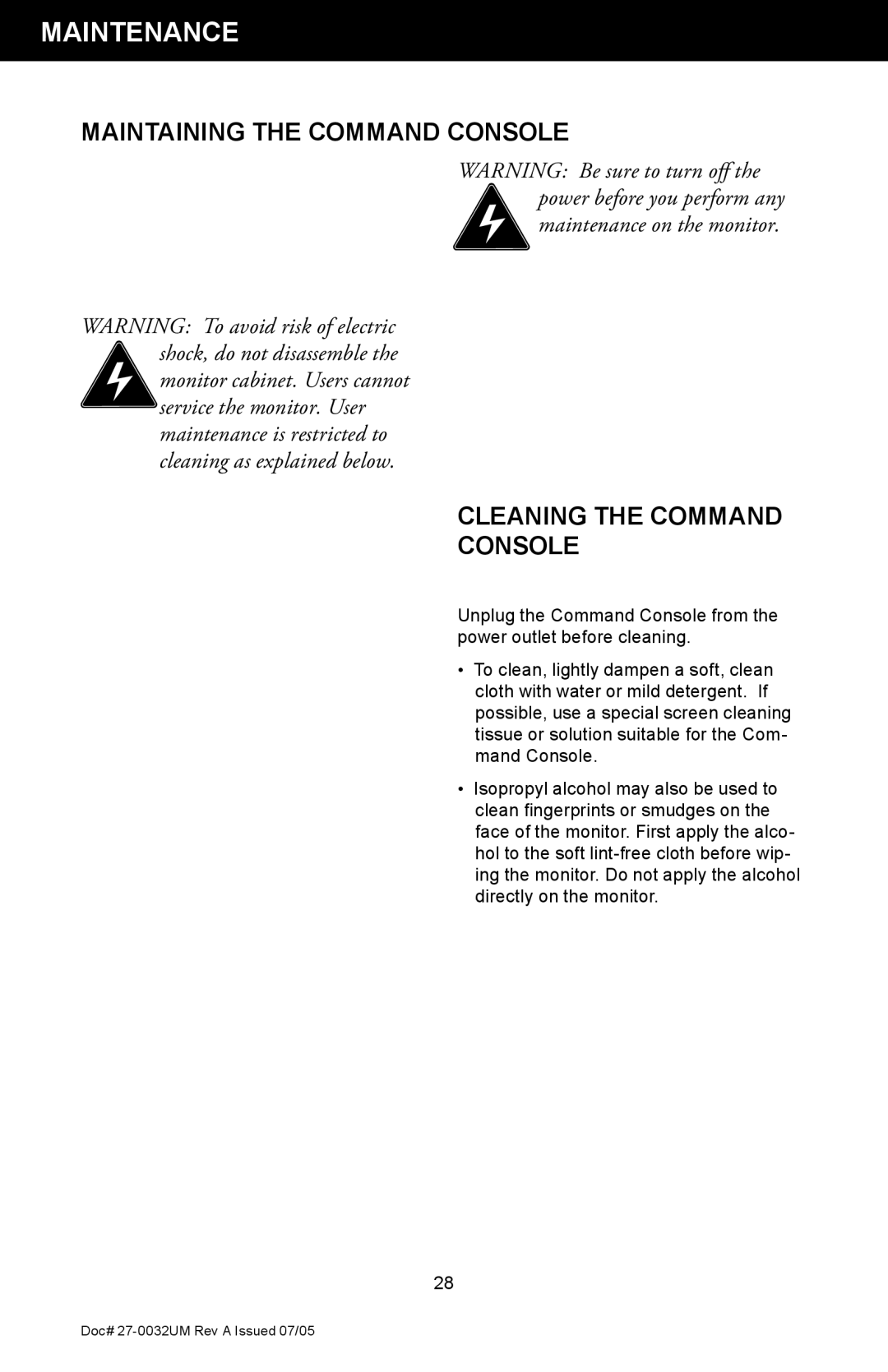 Z Microsystems SL manual Maintenance, Maintaining the Command Console Cleaning the Command Console 