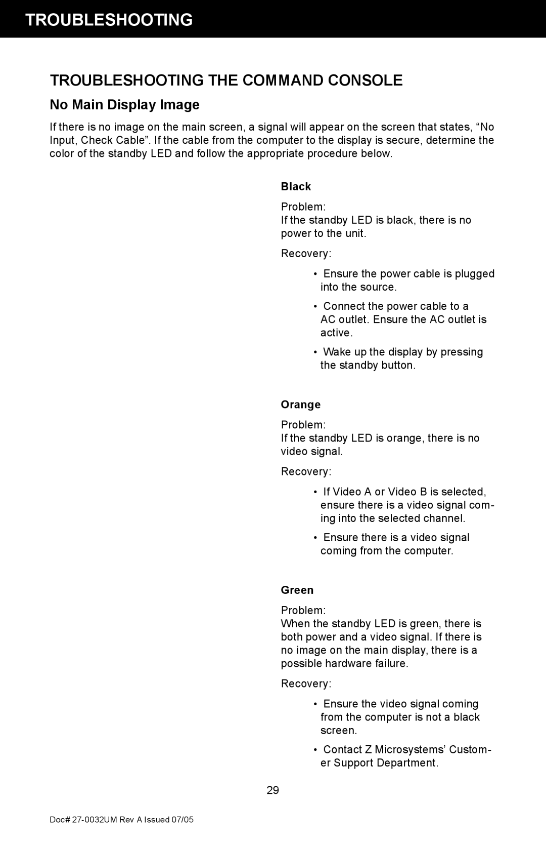 Z Microsystems SL manual Troubleshooting the Command Console, No Main Display Image 