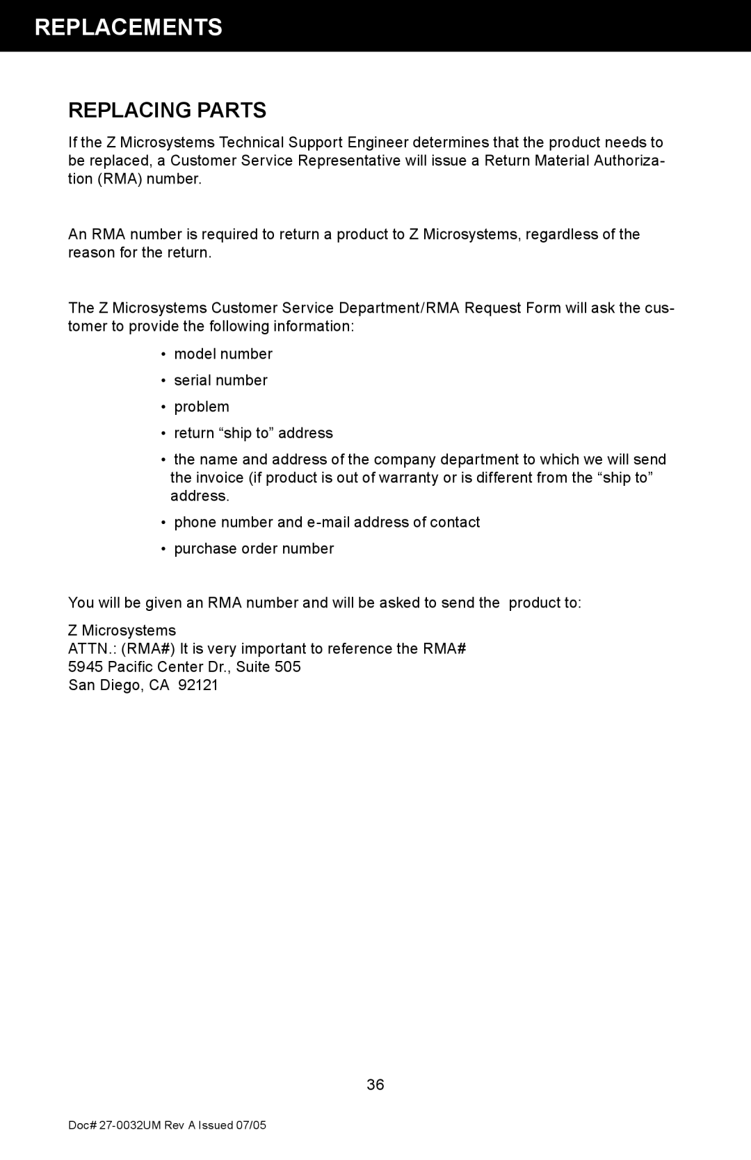 Z Microsystems SL manual Replacements, Replacing Parts 