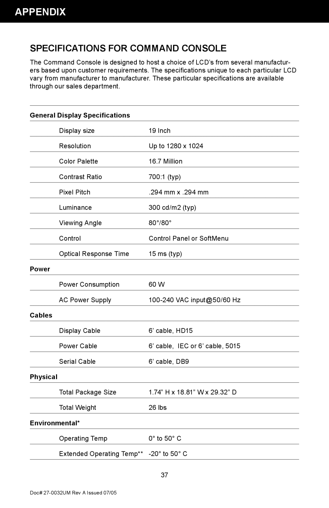 Z Microsystems SL manual Appendix, Specifications for Command Console 