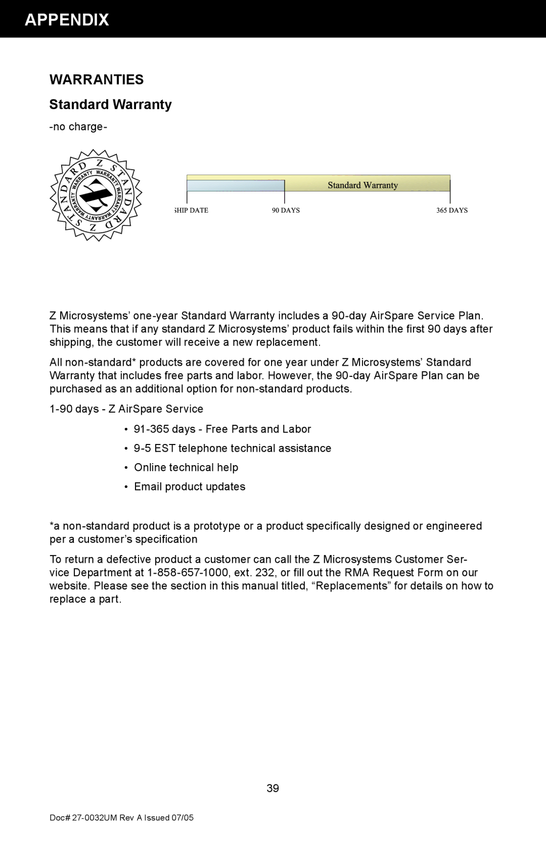 Z Microsystems SL manual Warranties, Standard Warranty 