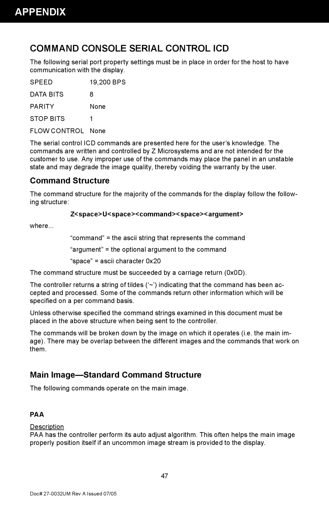 Z Microsystems SL manual Command Console Serial Control ICD, Main Image-Standard Command Structure 