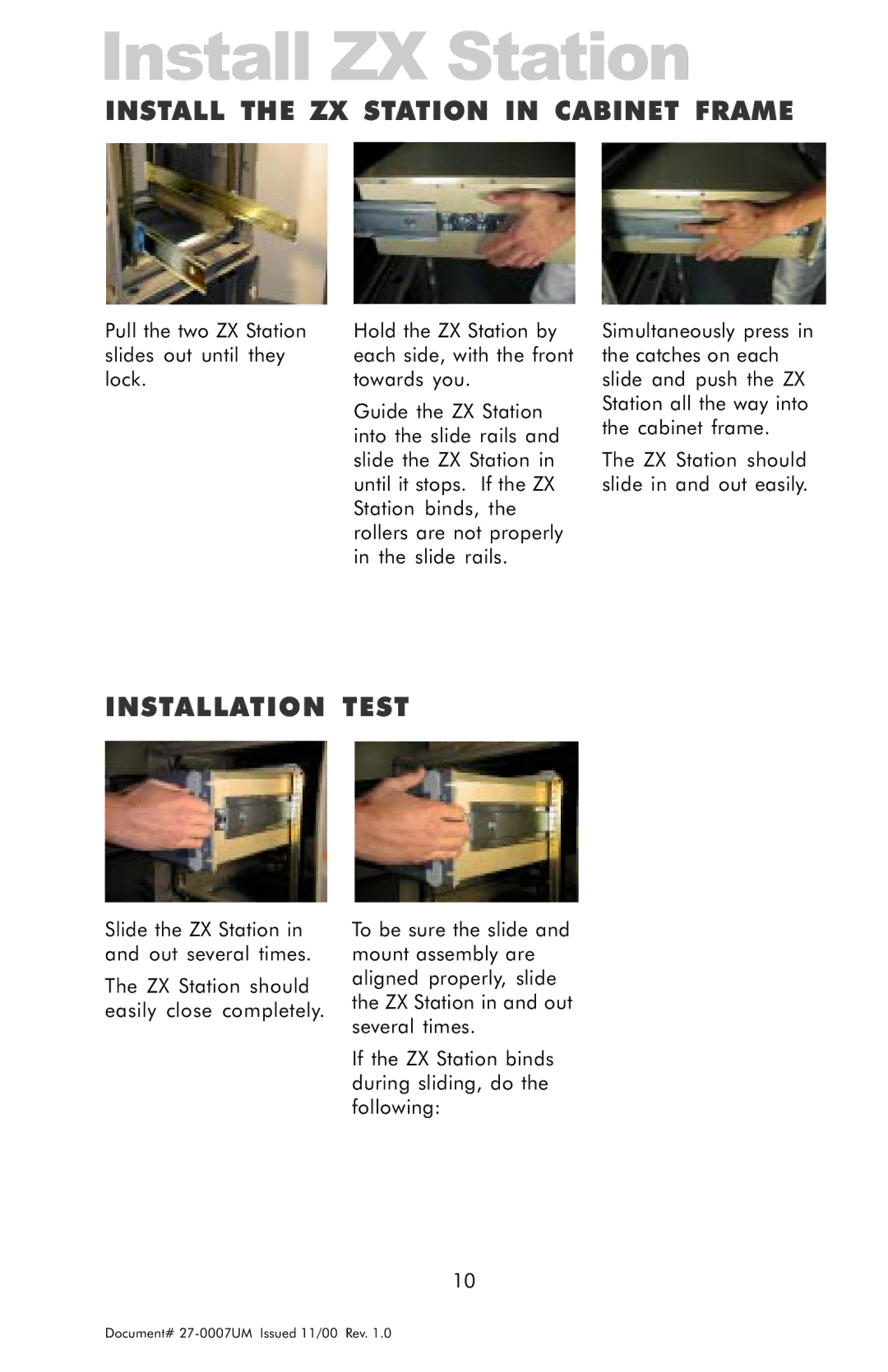 Z Microsystems manual Install ZX Station, Install the ZX Station in Cabinet Frame, Installation Test 