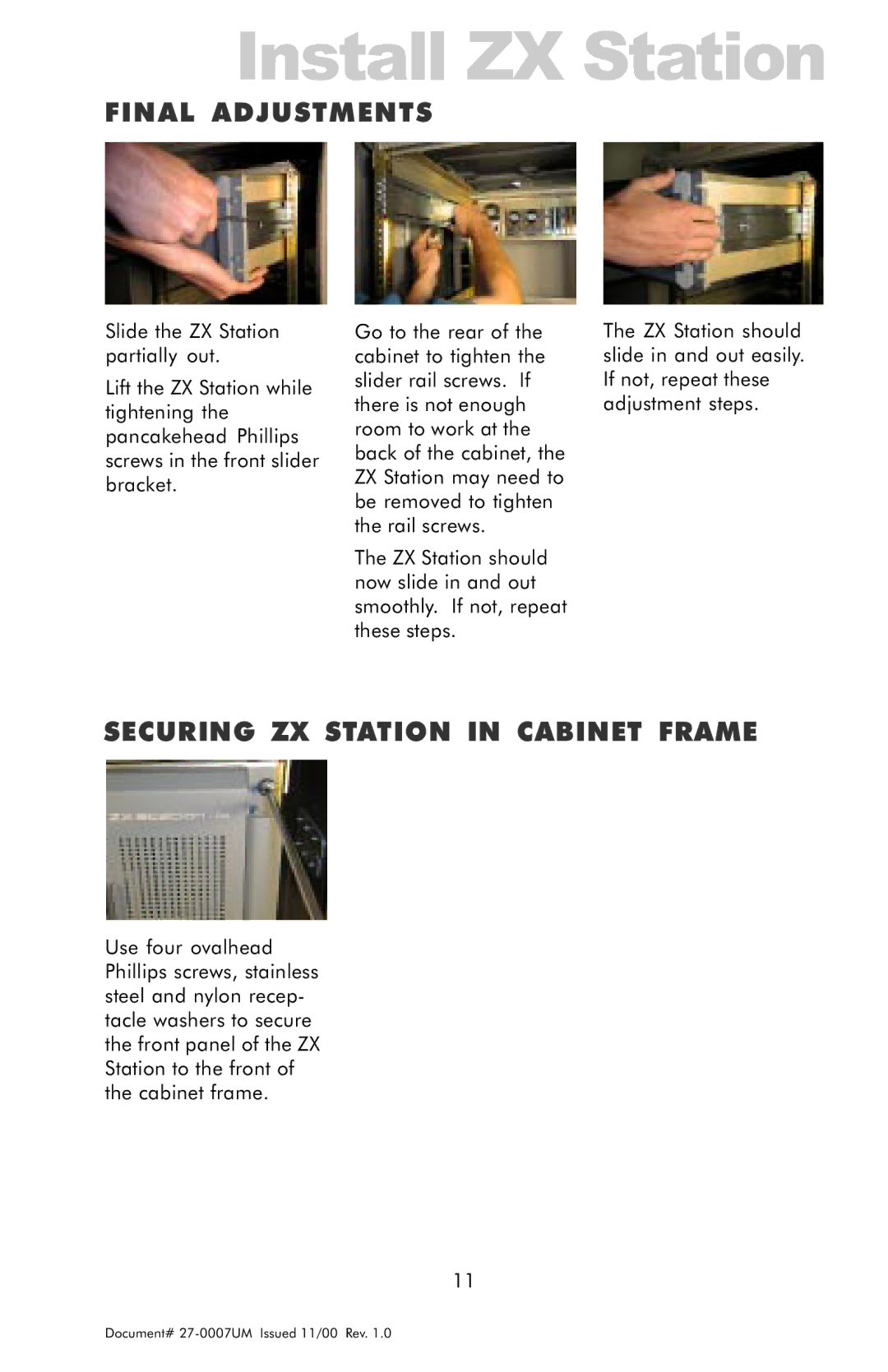 Z Microsystems manual Final Adjustments, Securing ZX Station in Cabinet Frame 