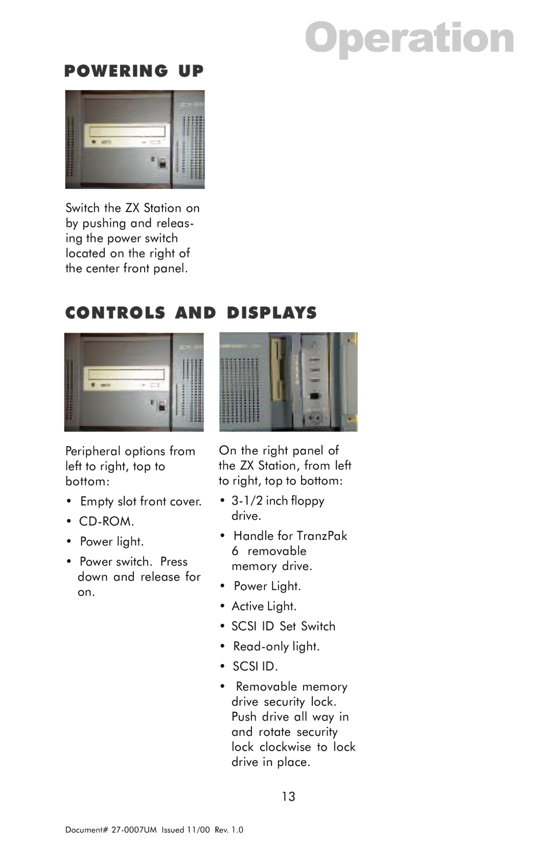 Z Microsystems ZX Station manual Operation, Powering UP, Controls and Displays, Cd-Rom, Scsi ID 