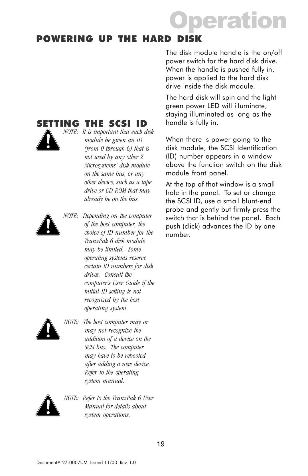 Z Microsystems ZX Station manual Powering UP the Hard Disk Setting the Scsi ID 