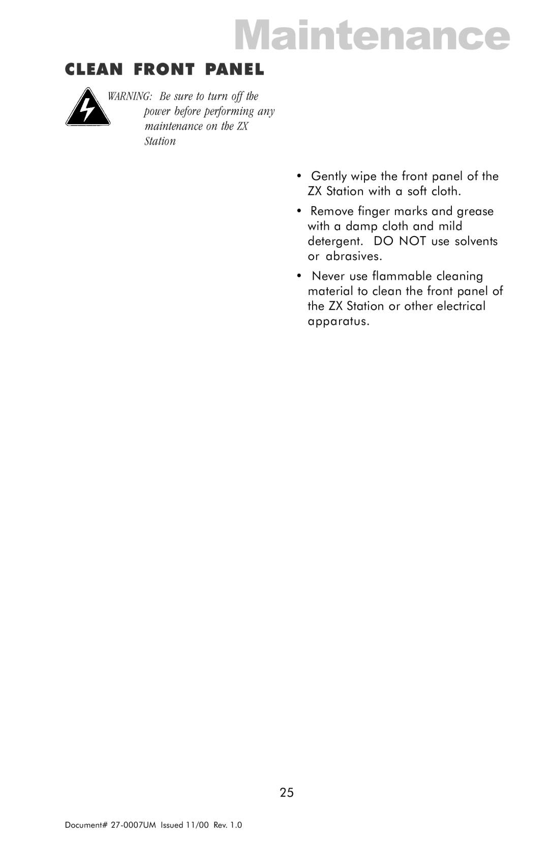 Z Microsystems ZX Station manual Maintenance, Clean Front Panel 