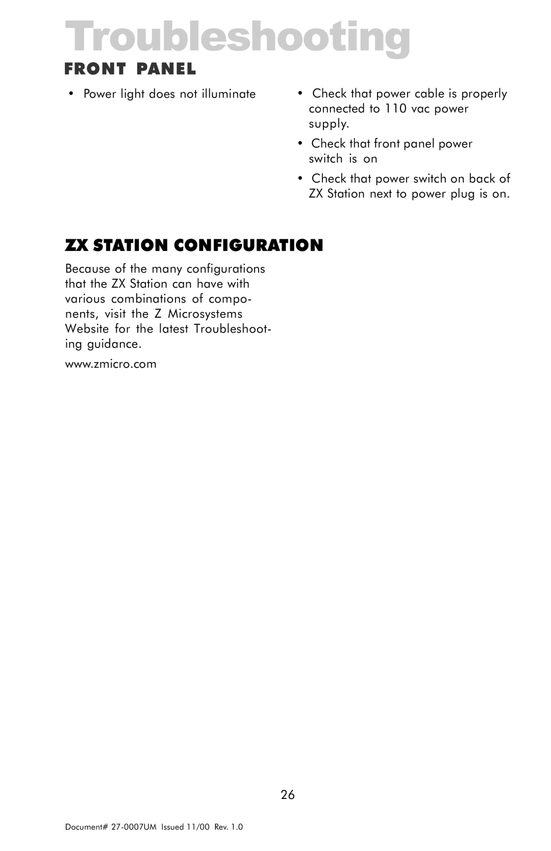 Z Microsystems ZX Station manual Troubleshooting, Front Panel 