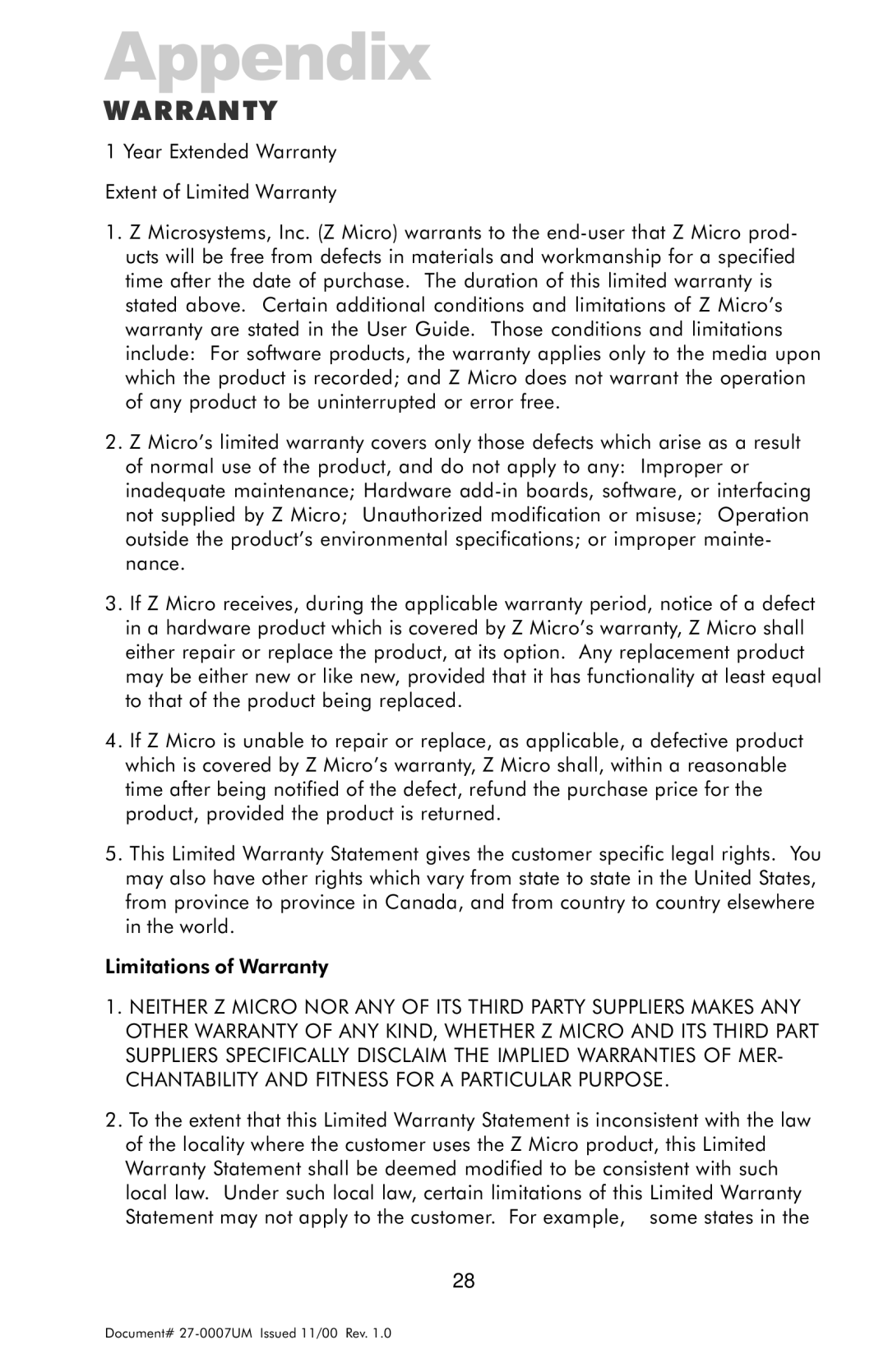 Z Microsystems ZX Station manual Appendix, Warranty 