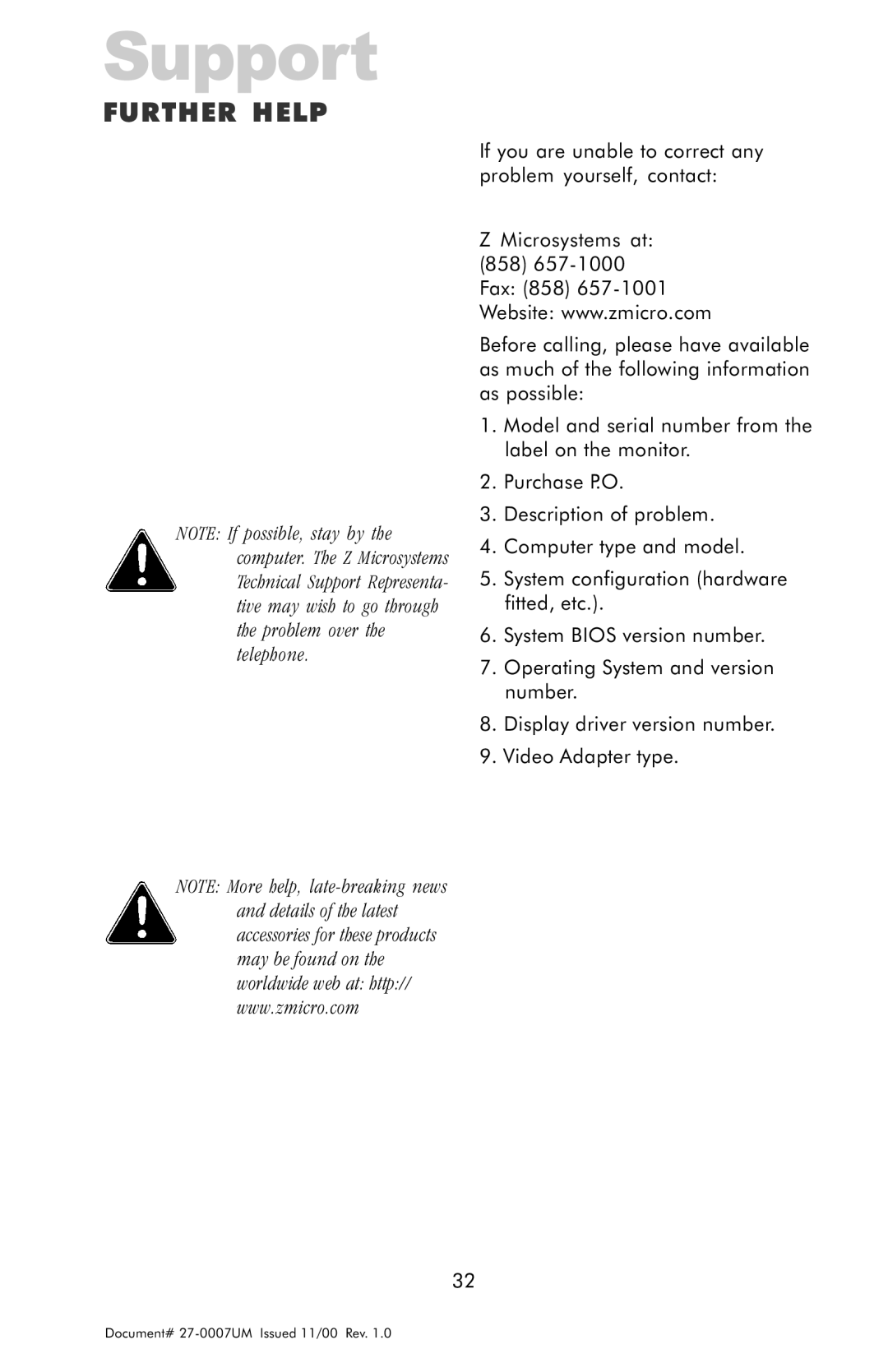 Z Microsystems ZX Station manual Support, Further Help 