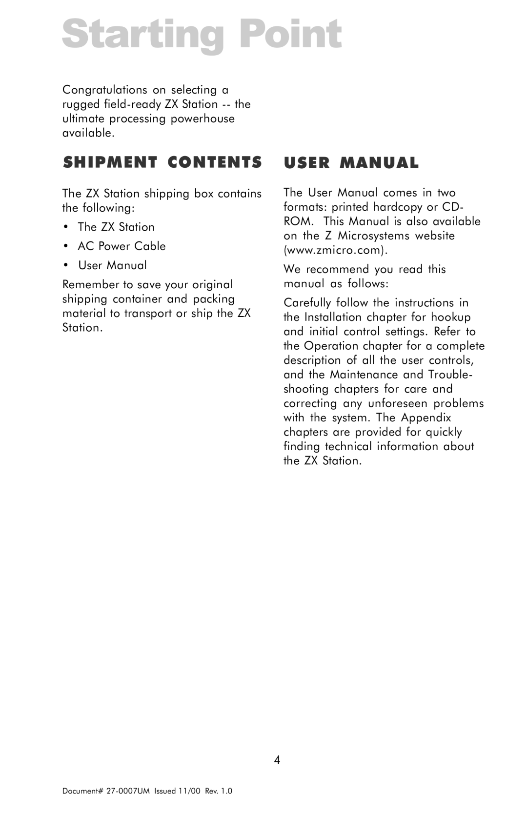 Z Microsystems ZX Station manual Starting Point, Shipment Contents 