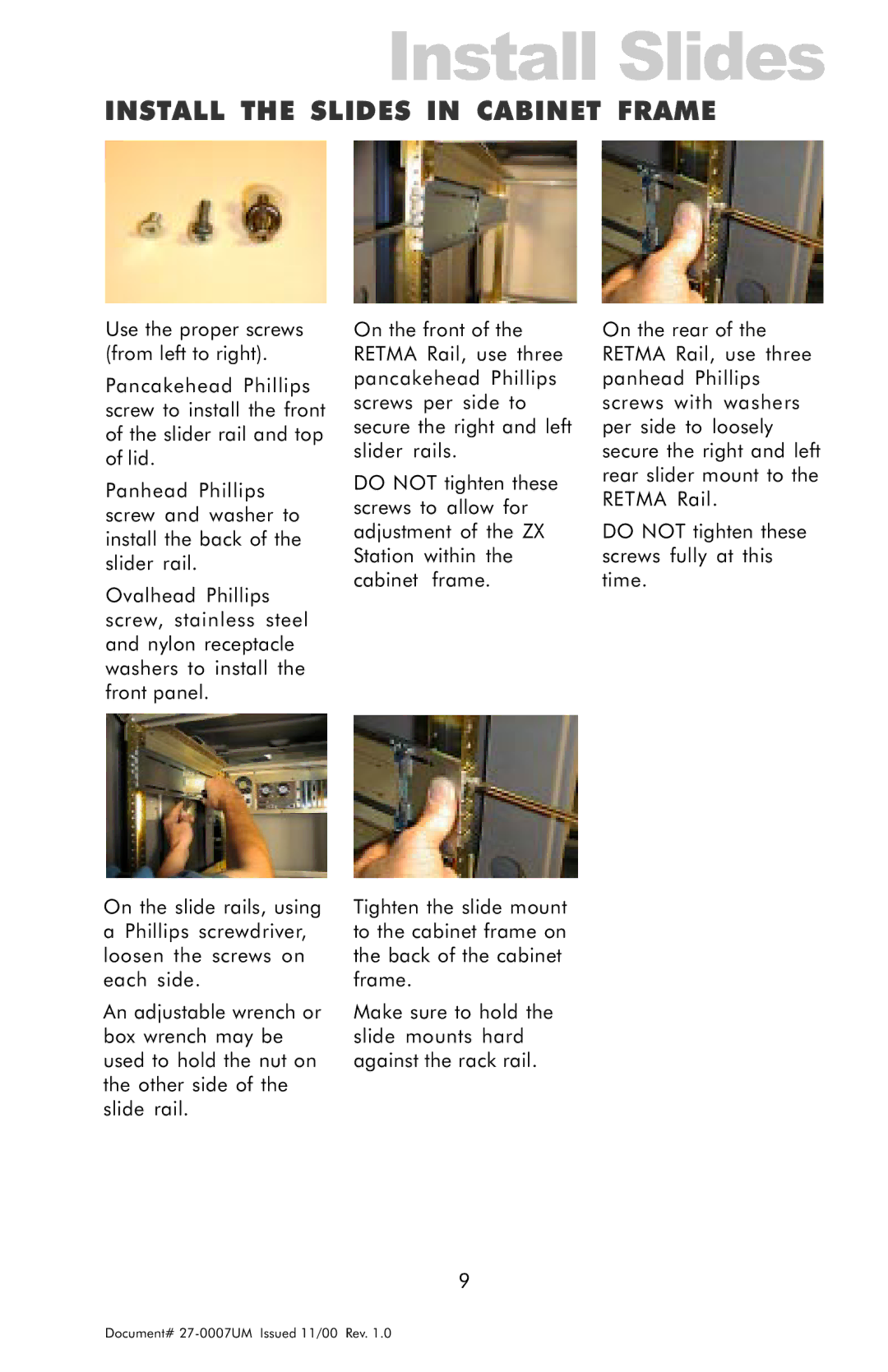 Z Microsystems ZX Station manual Install the Slides in Cabinet Frame 