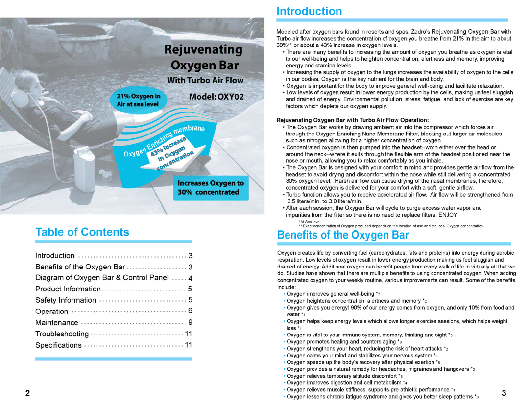 Zadro Products OXY02 manual Table of Contents, Introduction, Benefits of the Oxygen Bar 