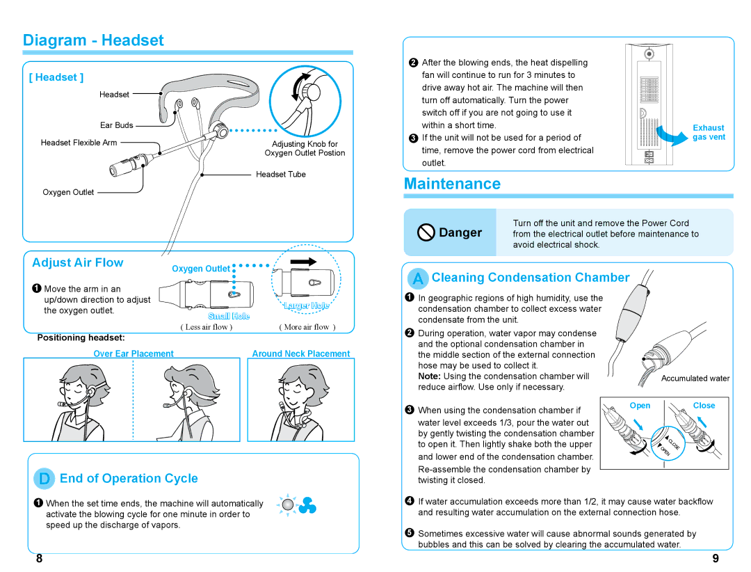 Zadro Products OXY02 Diagram Headset, Maintenance, Adjust Air Flow, Cleaning Condensation Chamber, End of Operation Cycle 