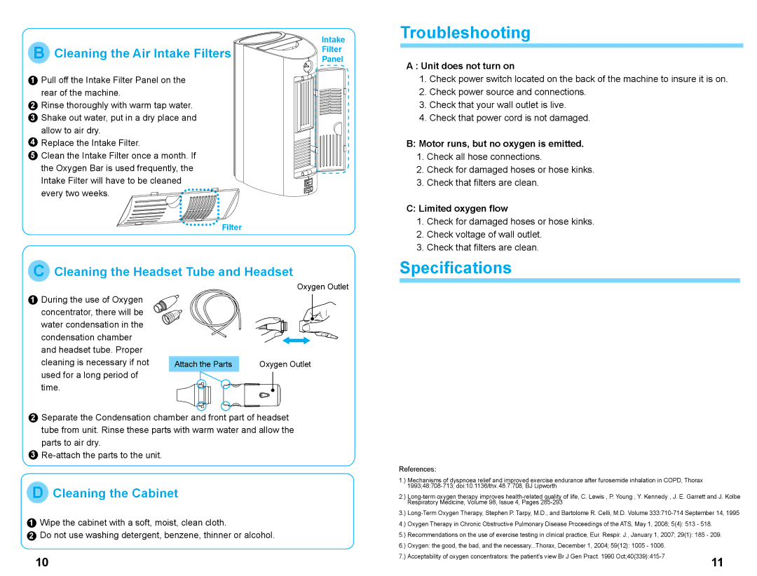 Zadro Products OXY02 manual Troubleshooting, Specifications, Cleaning the Air Intake FiltersFilter, Cleaning the Cabinet 