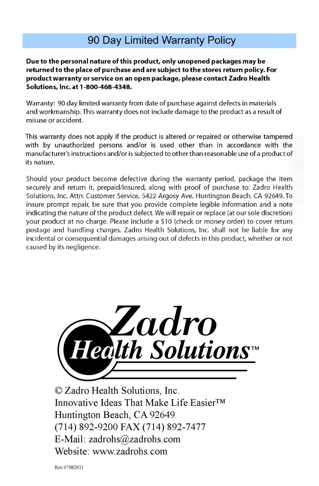 Zadro Products OXY02 manual Rev.07082011 