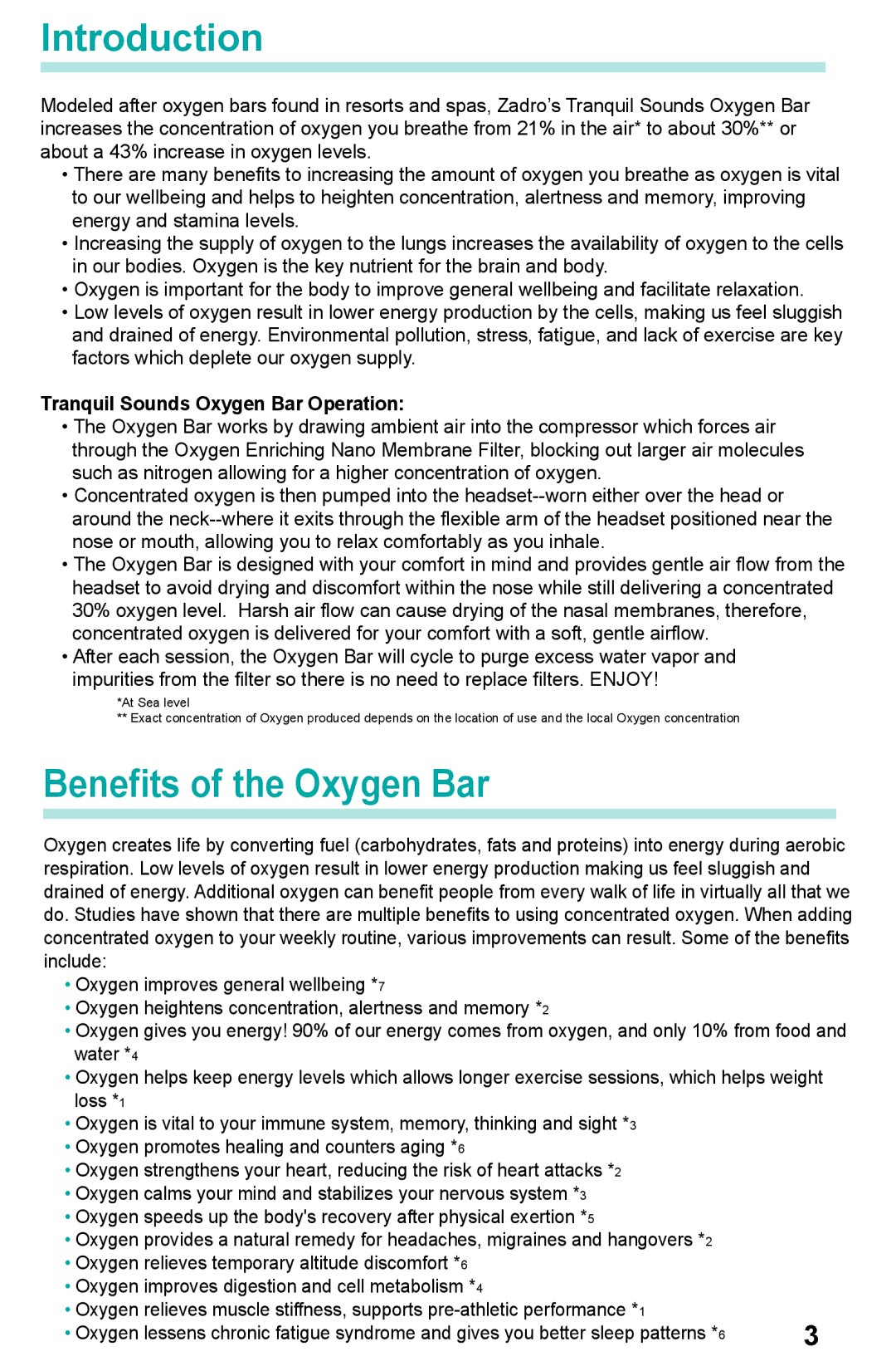 Zadro Products TRANQUIL SOUNDS OXYGEN BAR manual Introduction, Benefits of the Oxygen Bar 