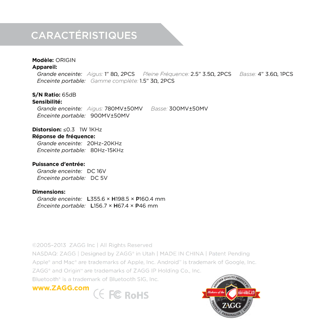 Zagg 780MV50MV manual Caractéristiques, Modèle Origin Appareil 