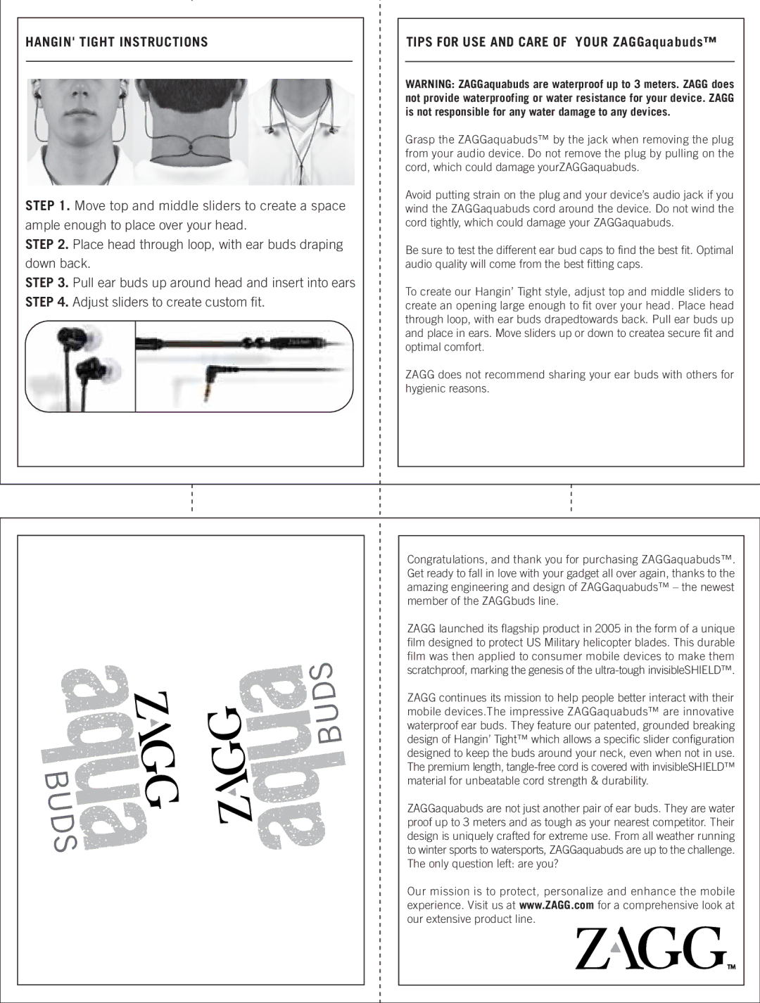 Zagg Hangin' Tight manual Buds, Hangin Tight Instructions, Tips for USE and Care of Your ZAGGaquabuds 