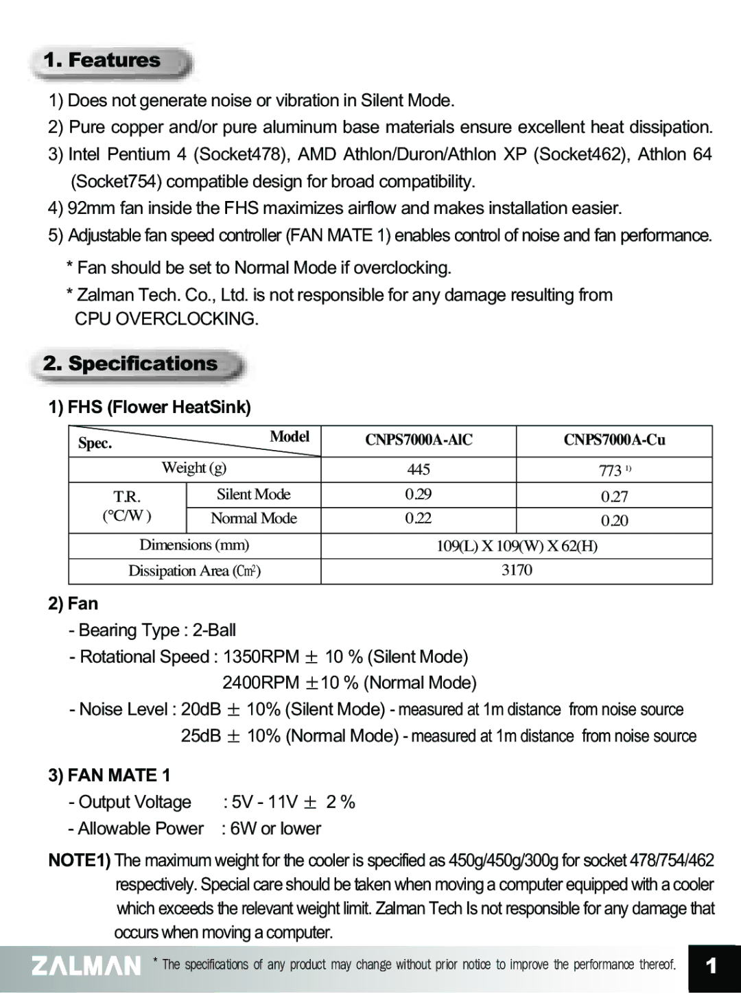 ZALMAN CNPS7000A manual Features, Specifications, FHS Flower HeatSink, Fan 