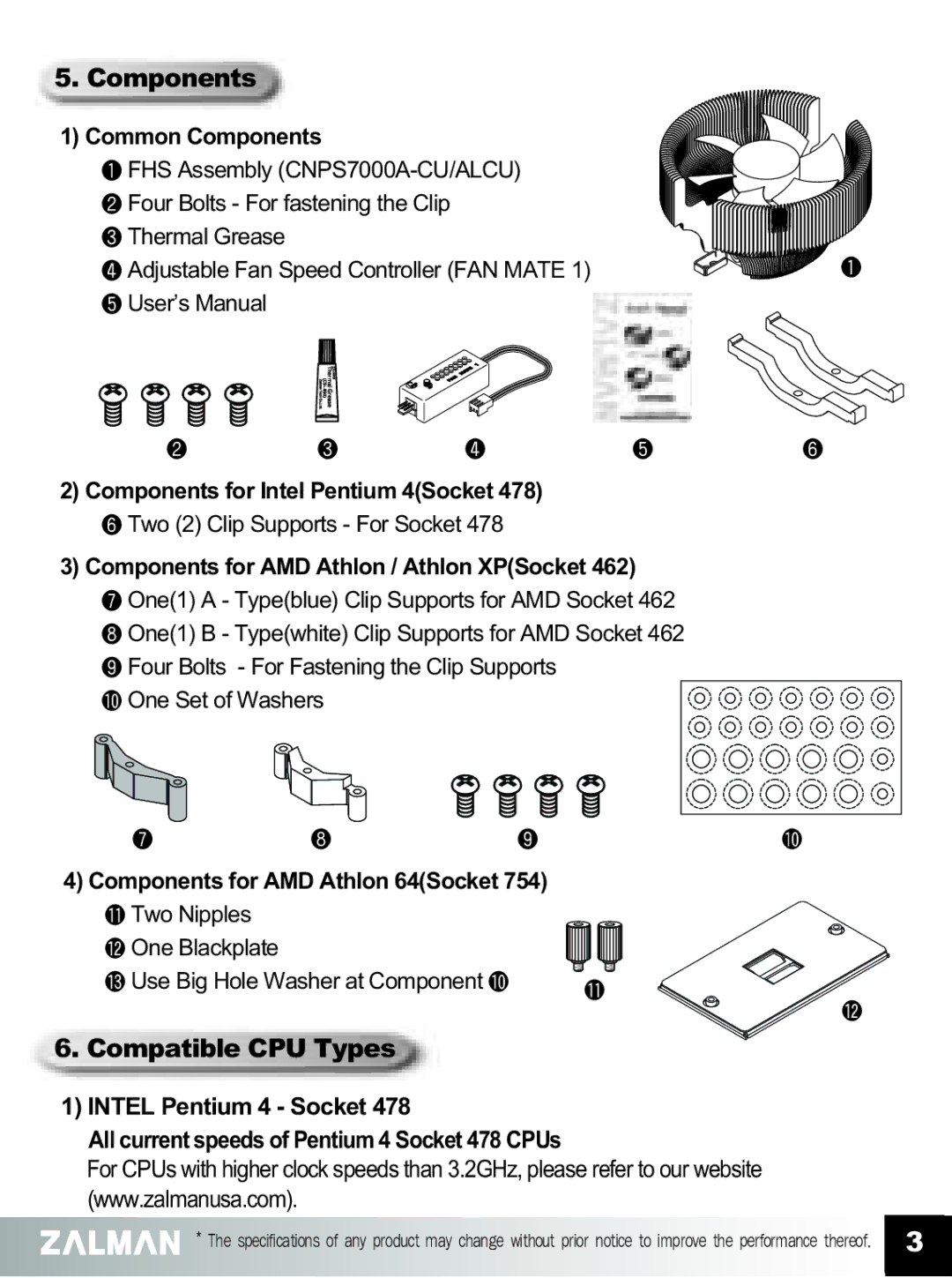 ZALMAN CNPS7000A manual Compatible CPU Types, Common Components, Components for AMD Athlon 64Socket 