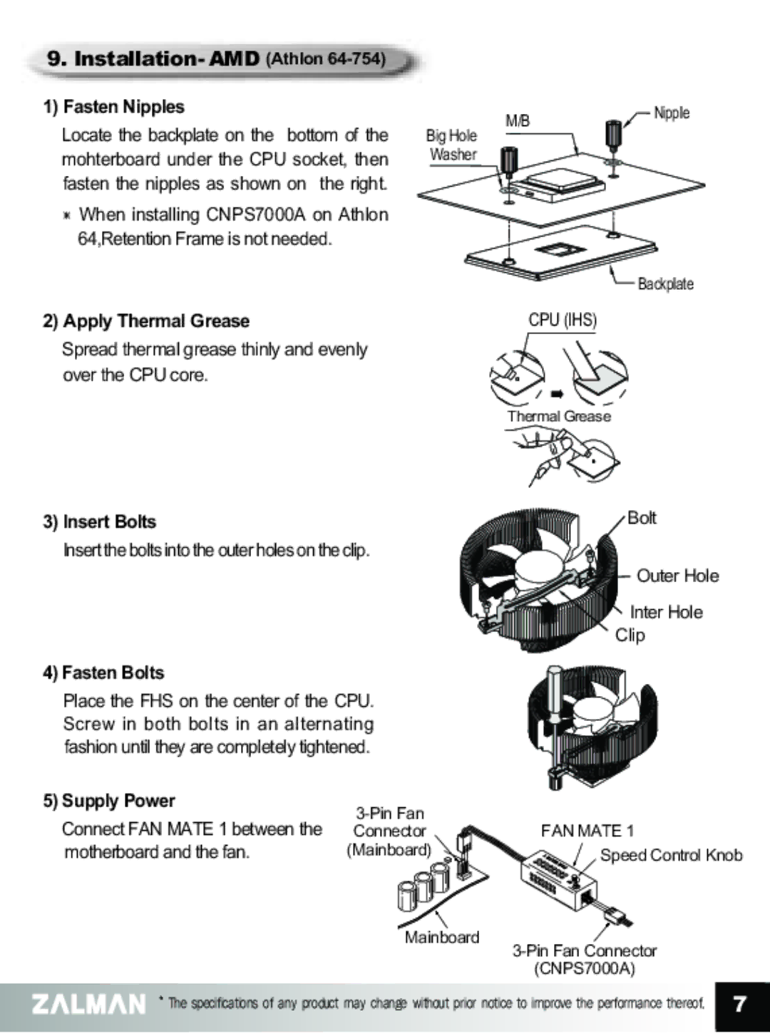 ZALMAN CNPS7000A manual Installation- AMD Athlon, Fasten Nipples 