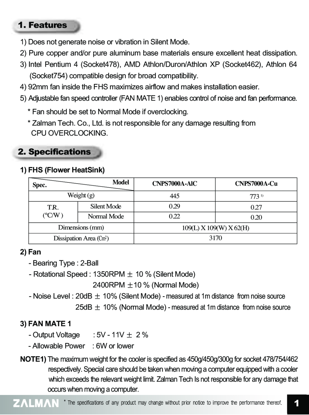 ZALMAN CNPS7000A manual Features, Specifications, 1FHS Flower HeatSink, 2 Fan, 3FAN MATE 