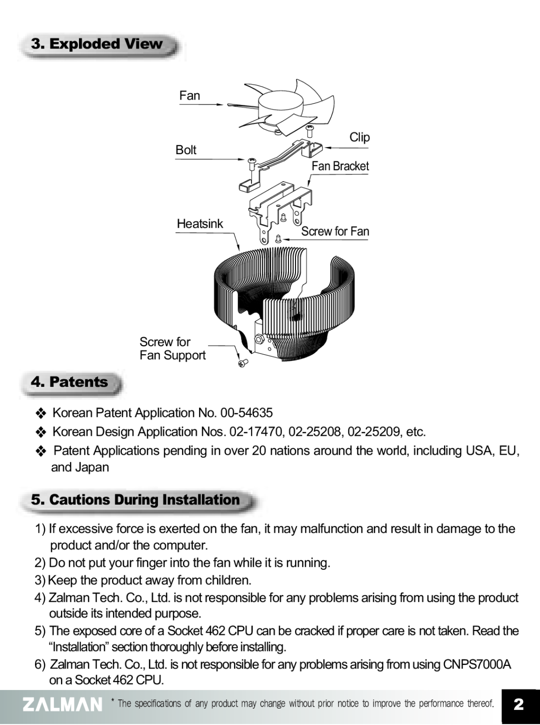 ZALMAN CNPS7000A manual Exploded View, Patents, Cautions During Installation 