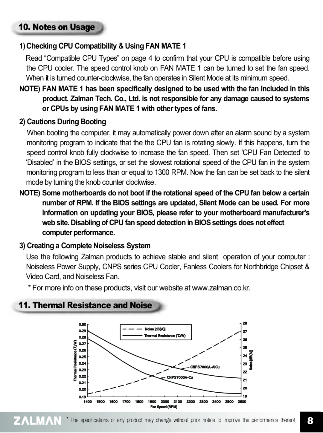 ZALMAN CNPS7000A manual Notes on Usage, Thermal Resistance and Noise, 1Checking CPU Compatibility & Using FAN MATE 