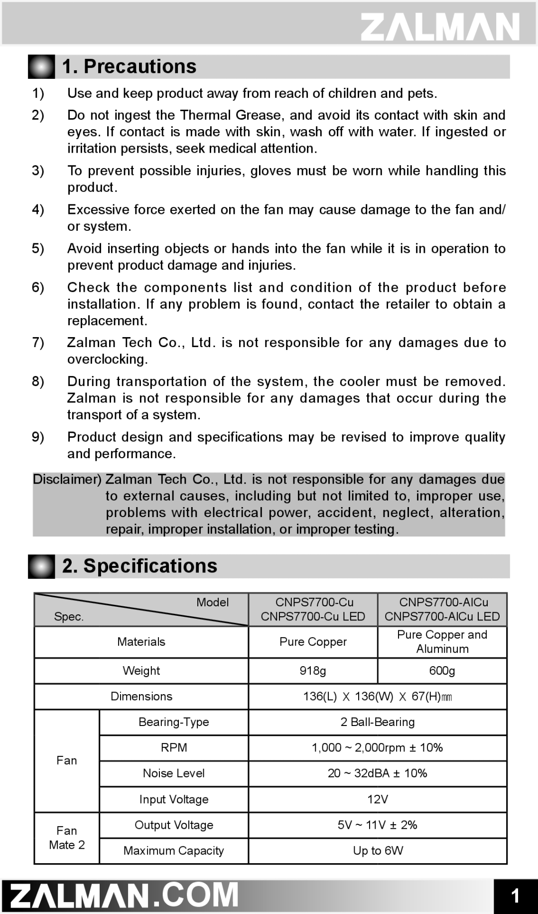 ZALMAN CNPS7700 user manual Precautions, Speciﬁcations 