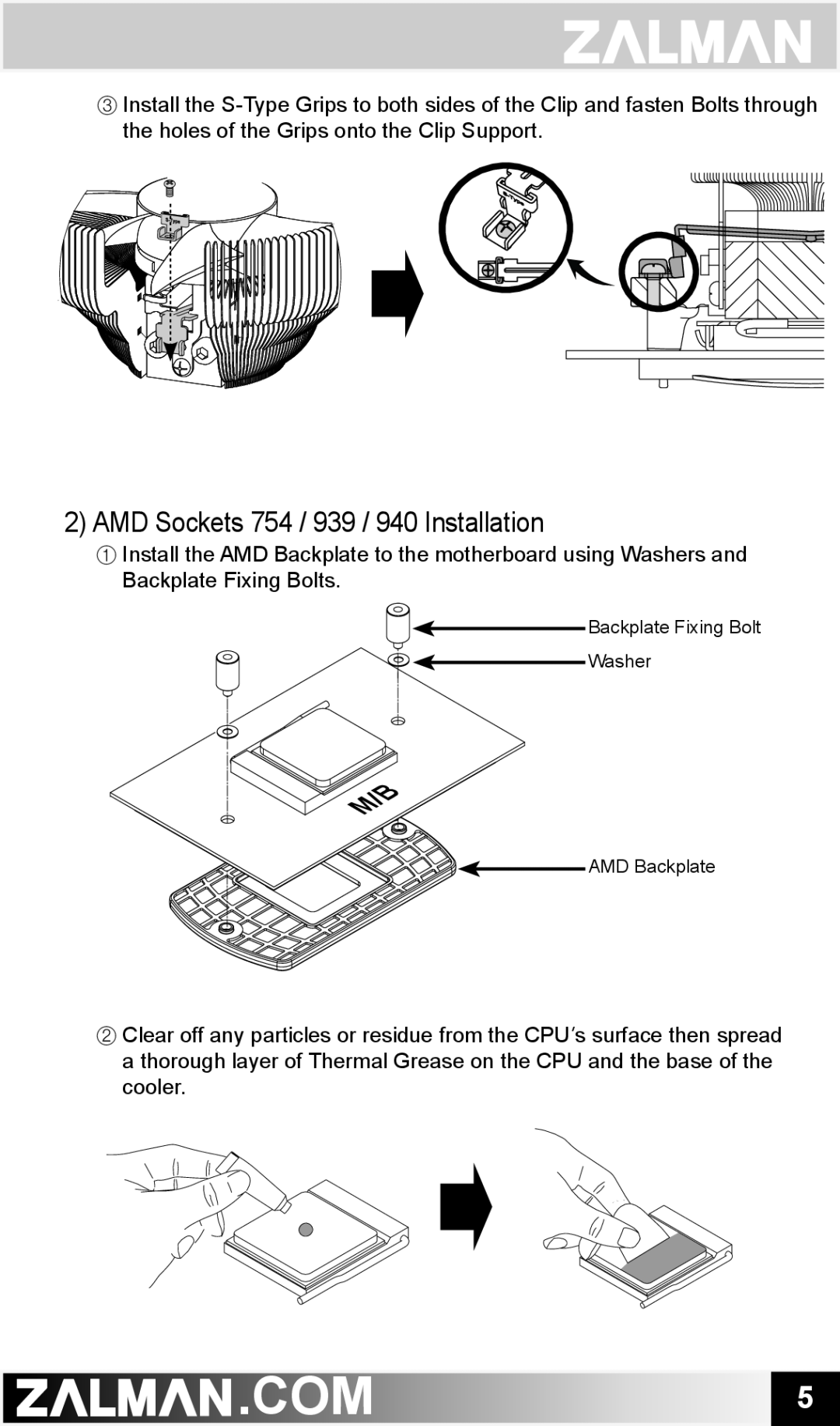ZALMAN CNPS7700 user manual AMD Sockets 754 / 939 / 940 Installation, Backplate Fixing Bolt Washer AMD Backplate 