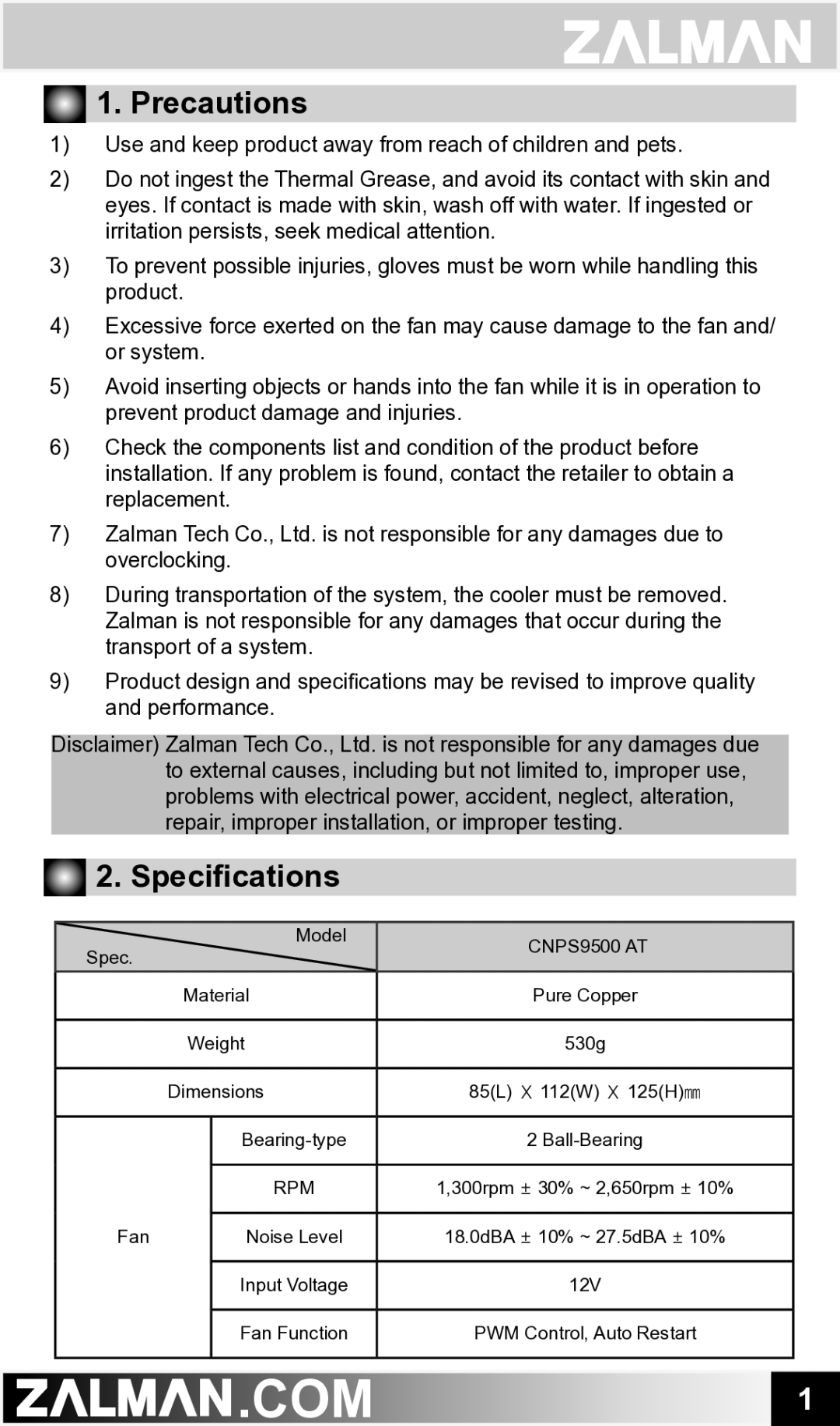 ZALMAN CNPS9500 AT user manual Precautions, Speciﬁcations 